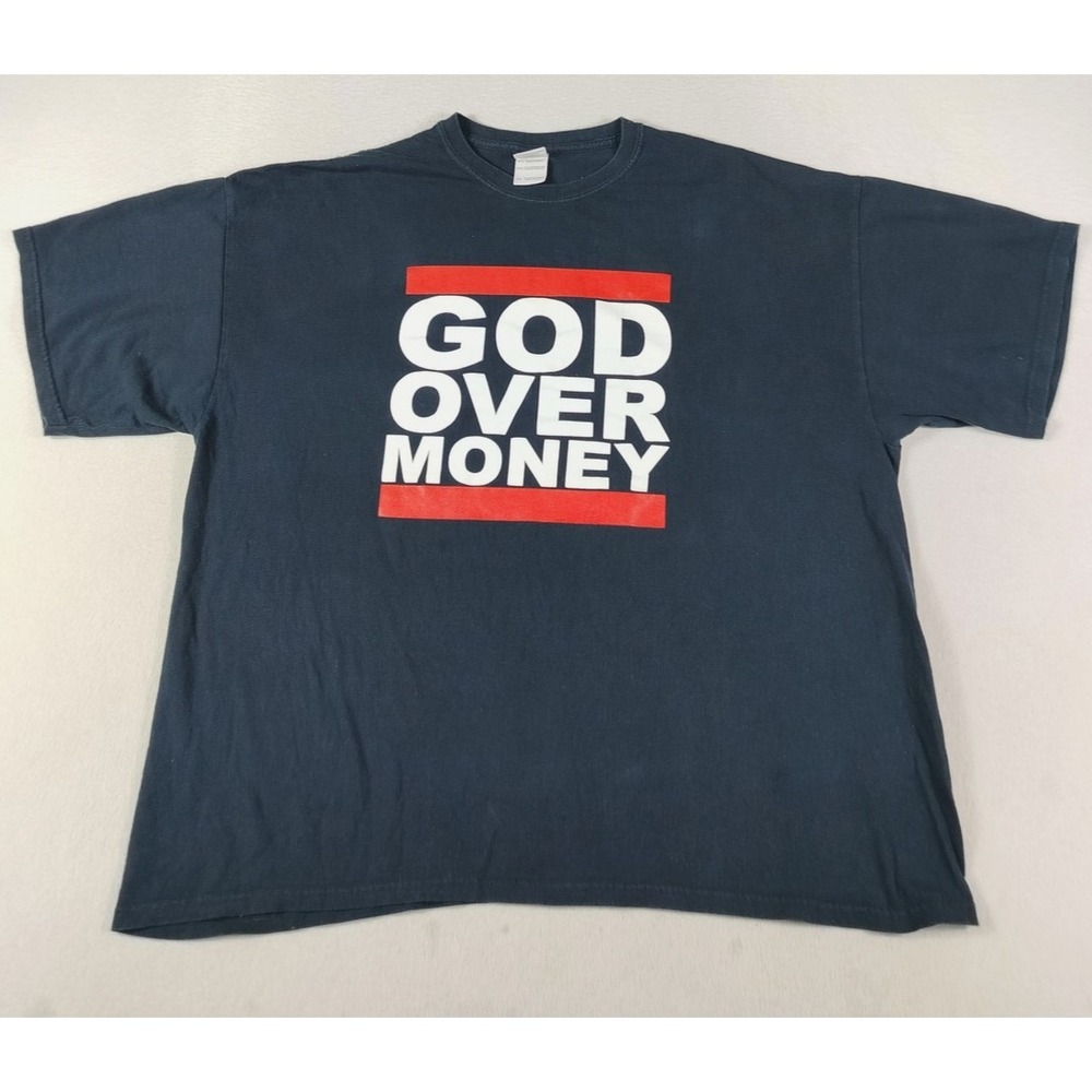 Gildan God Over Money Shirt Mens 2XL Blue‎ Christian Faith Religious Graphic Tee